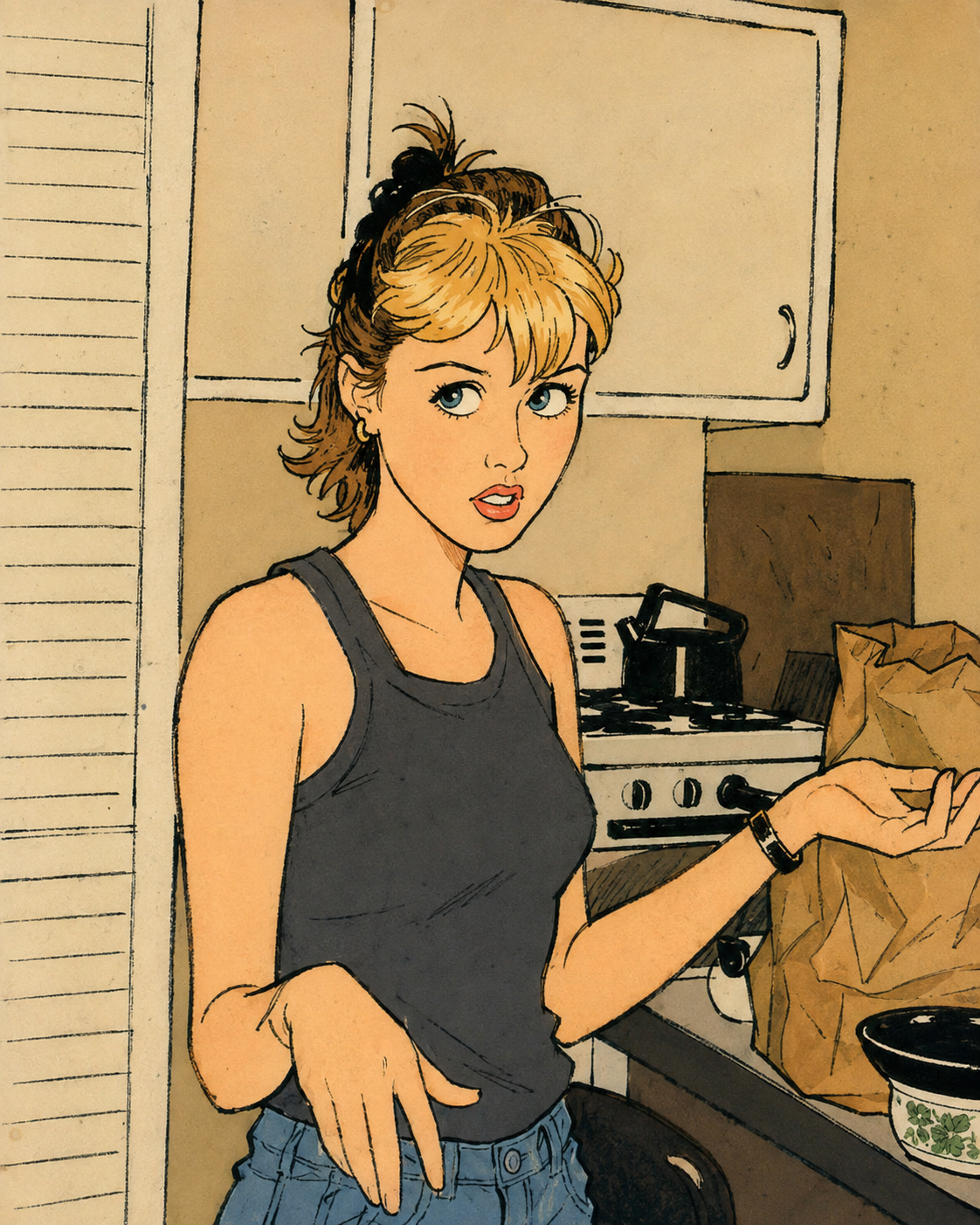 Hand-drawn illustration of a student standing in a kitchen