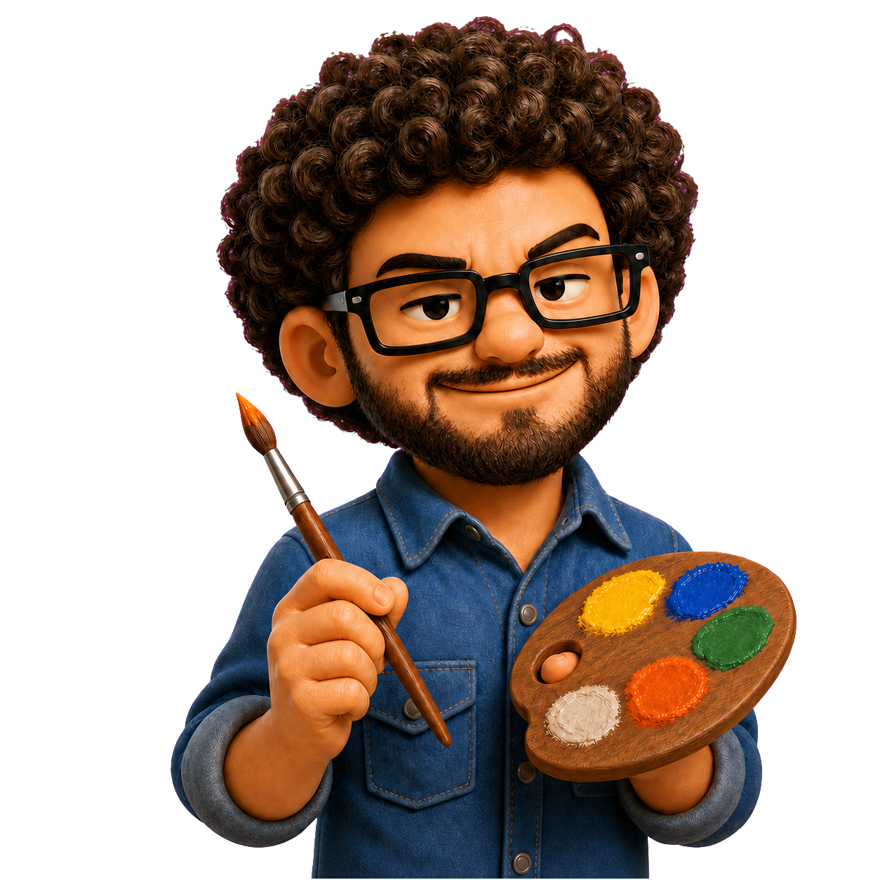 Ryan as a curly-haired landscape painter holding a palette and paintbrush