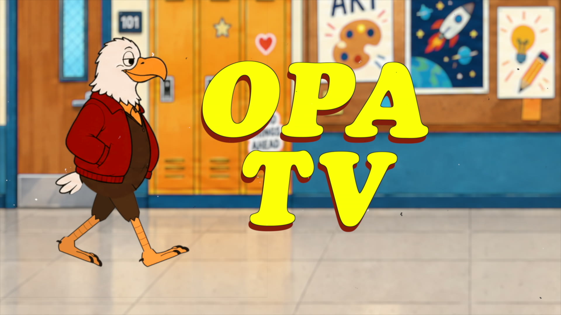 OPA TV title card with the eagle mascot in a school hallway